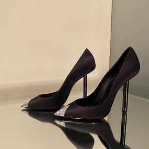 Saint Laurent Tower 110 Black Satin Crystal Embellished Pumps